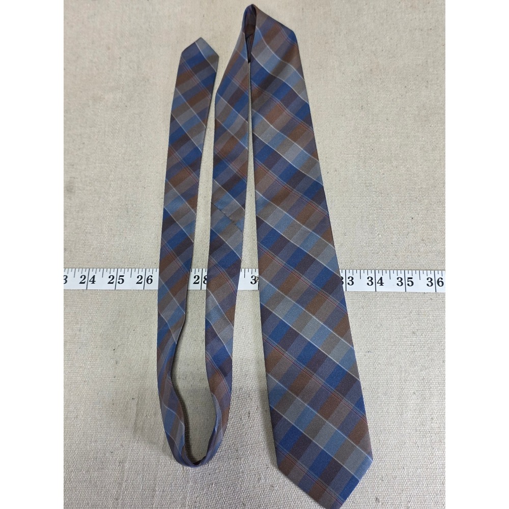 Wembley Wemlon Mens Plaid Necktie Blue Brown Grey Wash n Wear Classic Tie